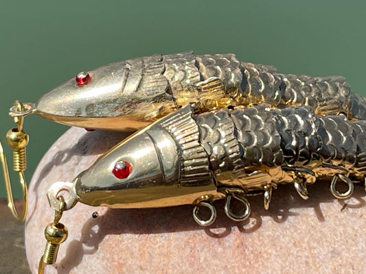 Articulated fish earrings. Vintage earrings, articulated jewellery. Retro earrings, boho unusual earrings, unusual gift, large gold earrings