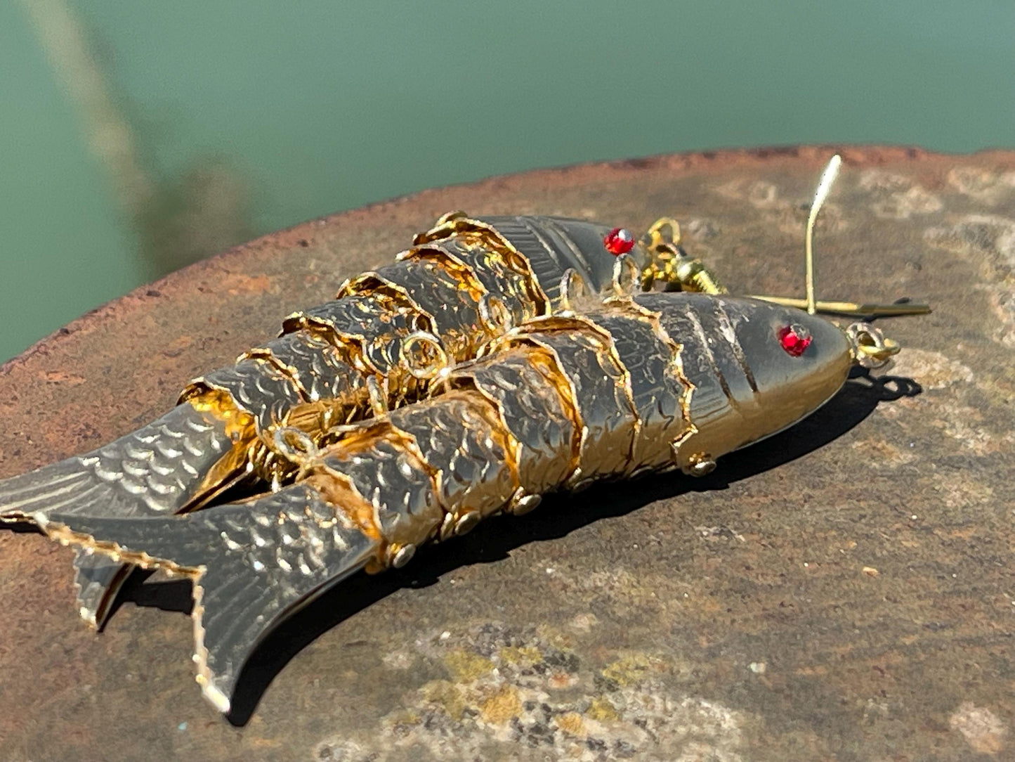 Articulated fish earrings. Vintage earrings, articulated jewellery. Retro earrings, boho unusual earrings, unusual gift, large gold earrings