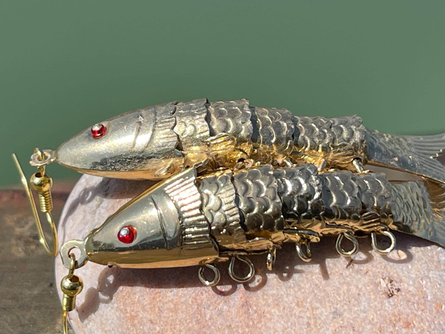 Articulated fish earrings. Vintage earrings, articulated jewellery. Retro earrings, boho unusual earrings, unusual gift, large gold earrings