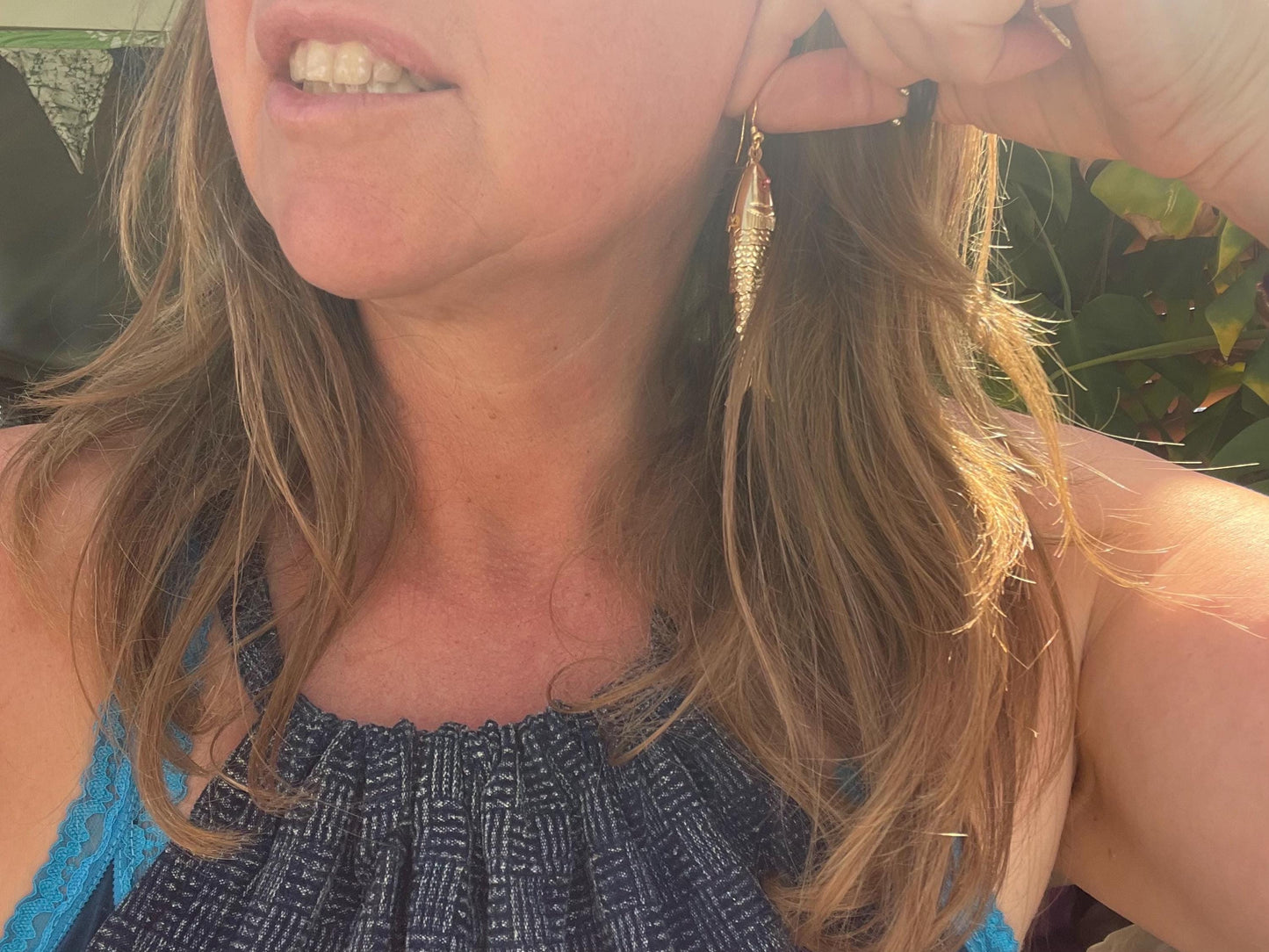 Articulated fish earrings. Vintage earrings, articulated jewellery. Retro earrings, boho unusual earrings, unusual gift, large gold earrings