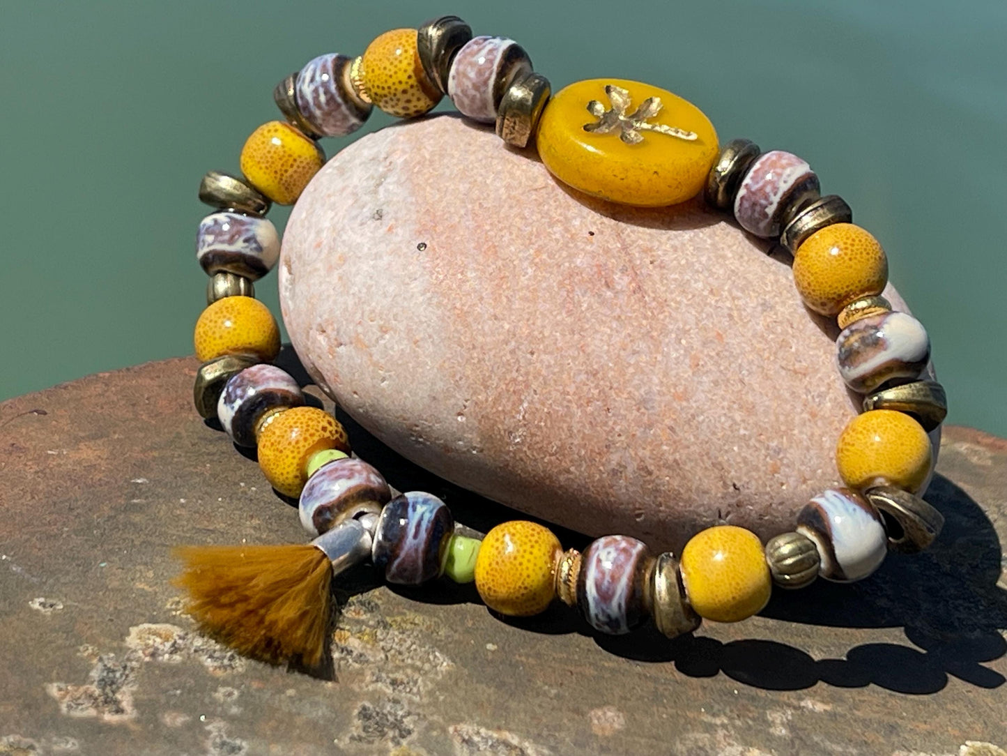 Dragonfly bracelet, boho jewellery, unique gift for her, handmade glass bracelet, dragonfly jewellery, orange bracelet, yellow bracelet