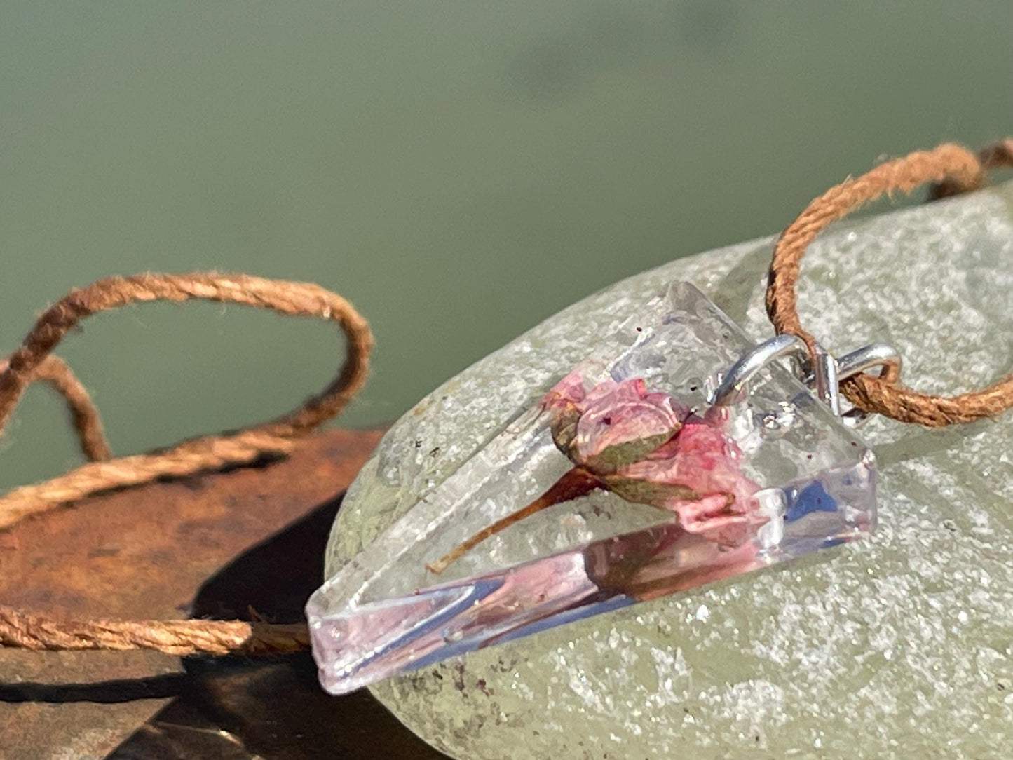 Handmade rose pendant wrapped in recycled sterling silver. Romantic handmade jewellery. Eco friendly jewellery. Ethical jewellery.