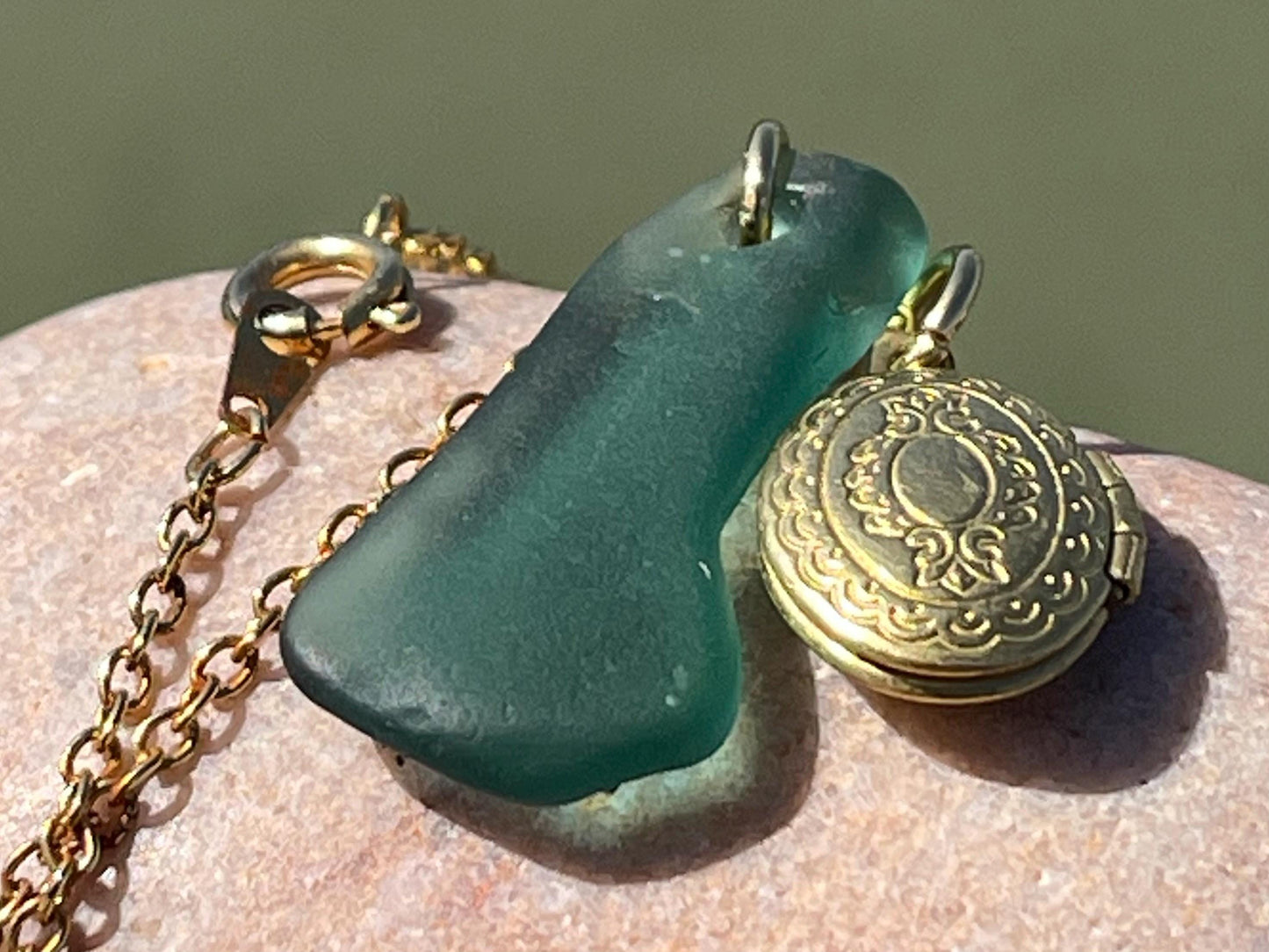 Recycled necklace, boho gift for her, ethical jewellery, eco friendly jewellery, sea glass necklace, sea glass jewellery. Locket necklace