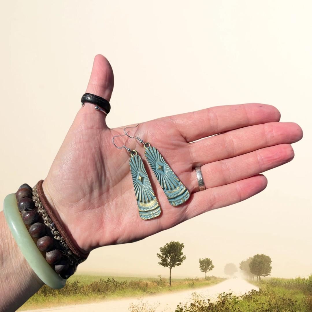 Aztec patina earrings, boho earrings, Musial earrings, funky gift for her, boho jewellery, blue metal earrings on sterling silver hooks.