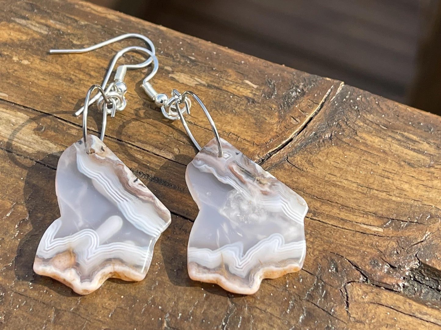 Agate gemstone earrings on recycled sterling silver. Handmade white earrings. Ethical jewellery, boho jewellery. Unique earrings.