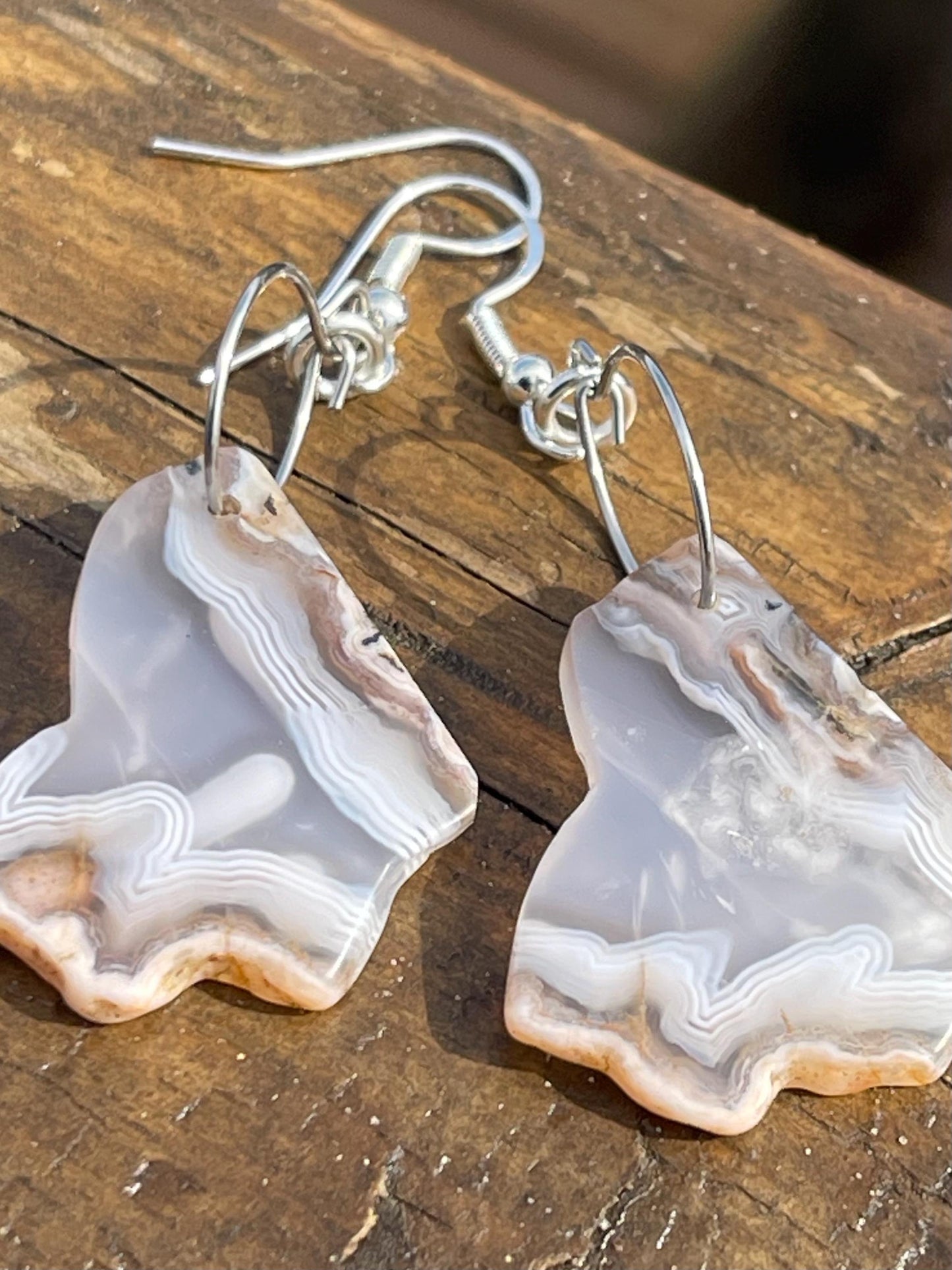 Agate gemstone earrings on recycled sterling silver. Handmade white earrings. Ethical jewellery, boho jewellery. Unique earrings.