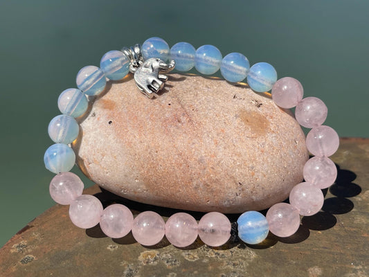 Elephant bracelet, elephant jewellery, boho bracelet made from rose quartz and opalote gemstones. Unusual boho jewellery. Elephant bangle.