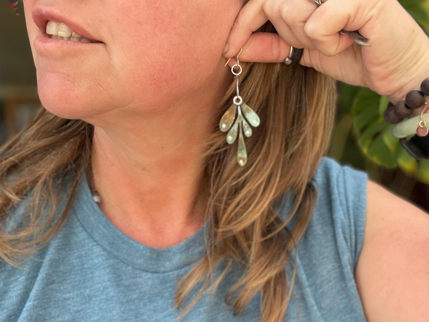 Handmade leaf earrings. Rustic earrings, unusual earrings, unusual gift for her, blue earrings, boho earrings, large statement earrings.