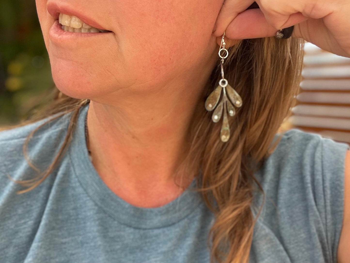 Handmade leaf earrings. Rustic earrings, unusual earrings, unusual gift for her, blue earrings, boho earrings, large statement earrings.