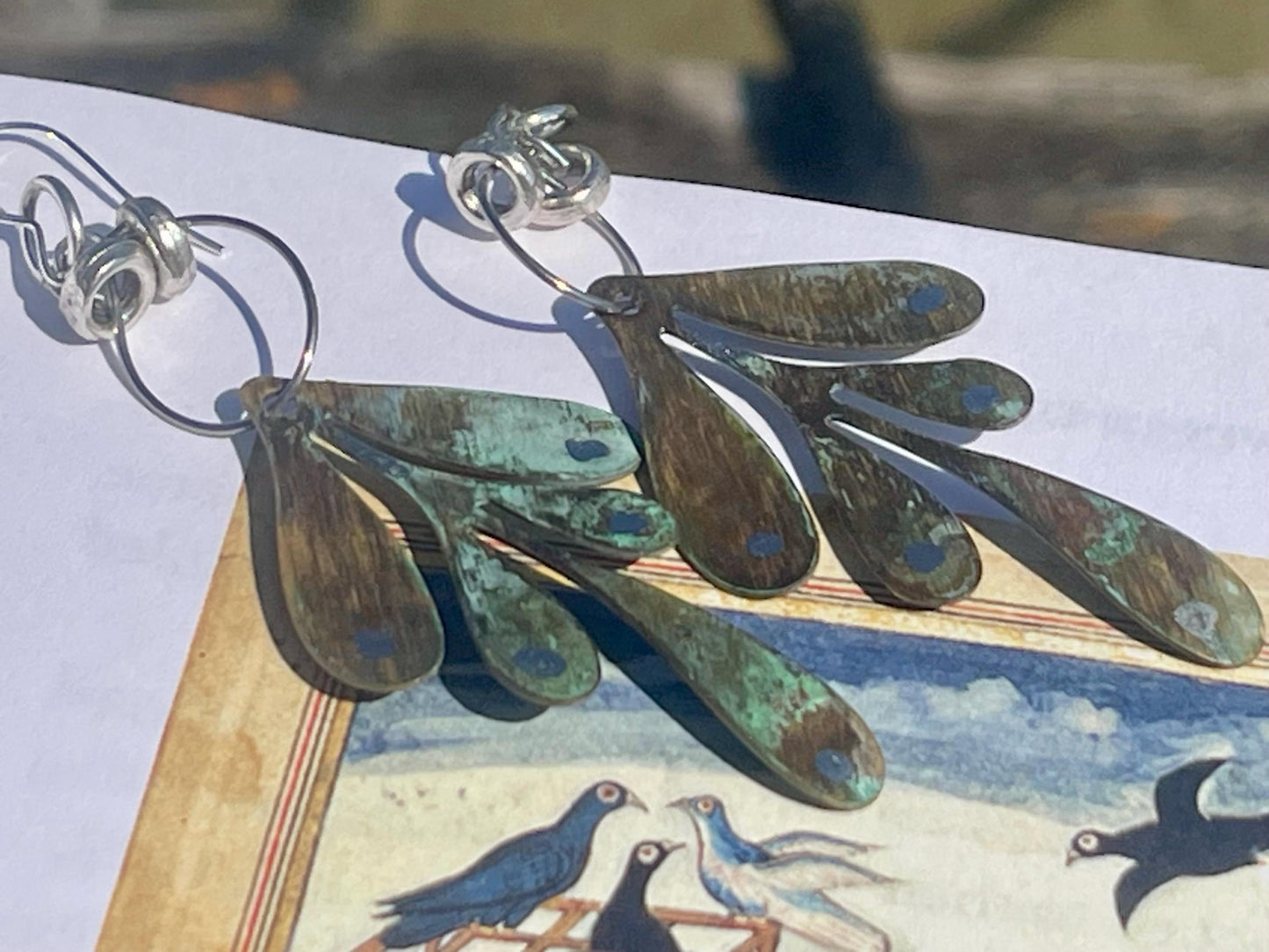 Handmade leaf earrings. Rustic earrings, unusual earrings, unusual gift for her, blue earrings, boho earrings, large statement earrings.