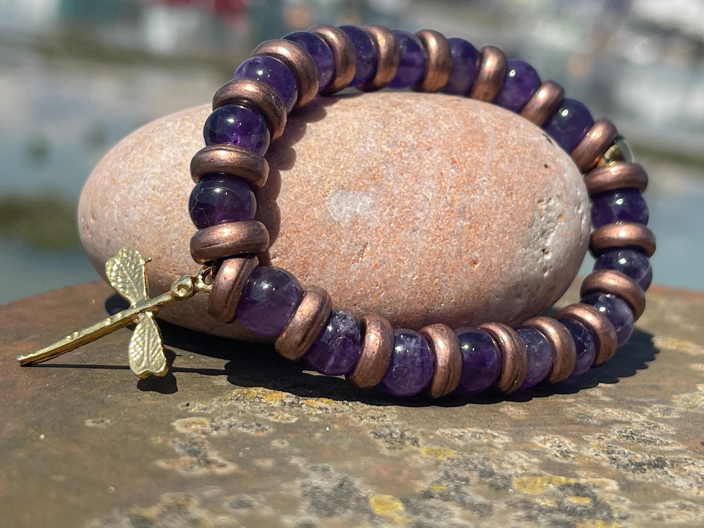 Dragonfly amethyst bracelet, Hippy bracelet, boho gift for her, amethyst jewellery, handmade bracelet, eco friendly bohemian jewellery