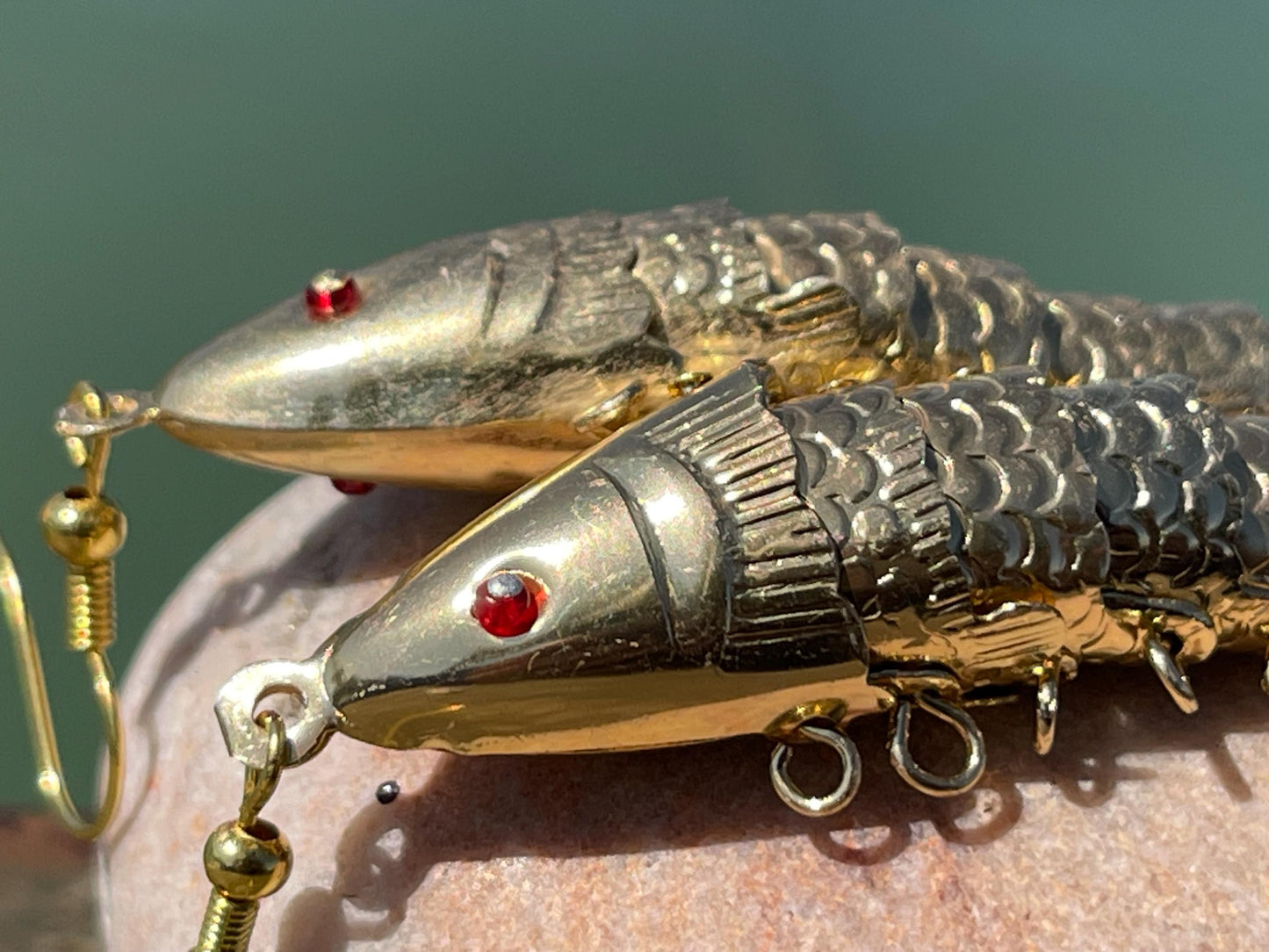 Articulated fish earrings. Vintage earrings, articulated jewellery. Retro earrings, boho unusual earrings, unusual gift, large gold earrings