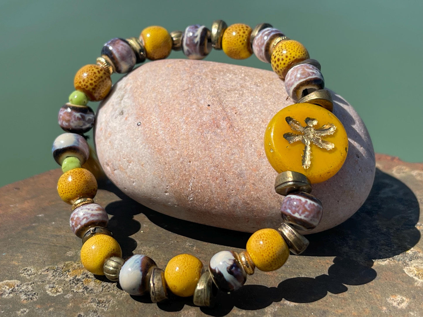 Dragonfly bracelet, boho jewellery, unique gift for her, handmade glass bracelet, dragonfly jewellery, orange bracelet, yellow bracelet