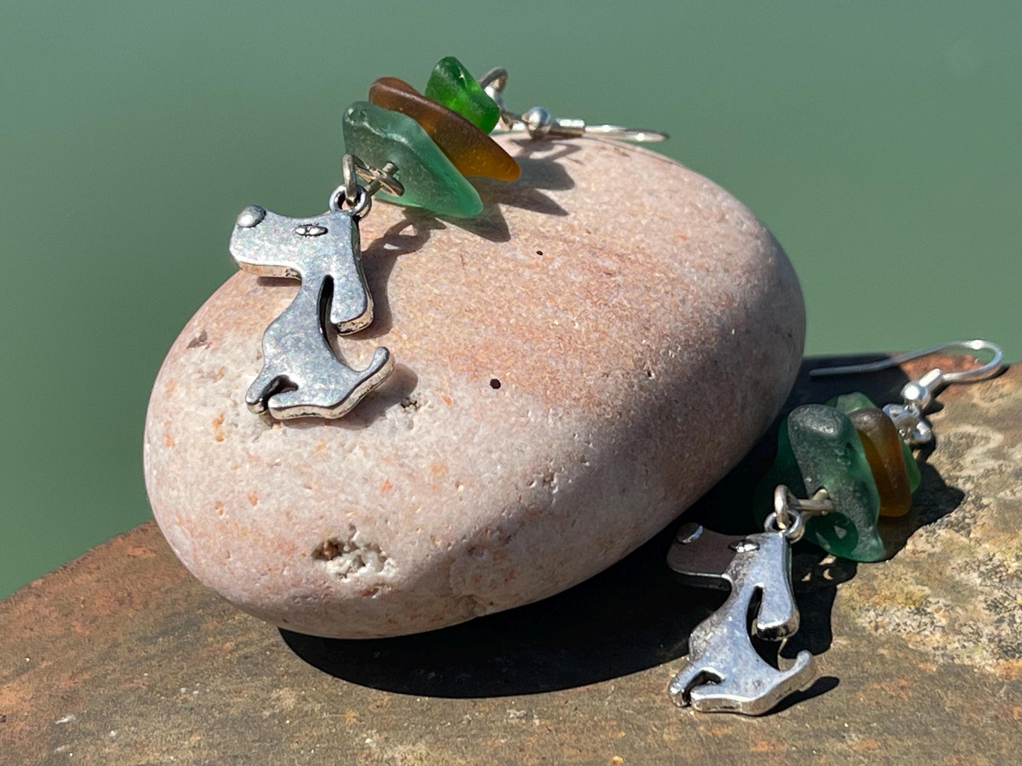 Sea Glass Earrings, dog earrings, Eco-Friendly Ethical Jewelry, Handmade Boho Gifts. Eco friendly jewellery made with sea glass. Handmade.