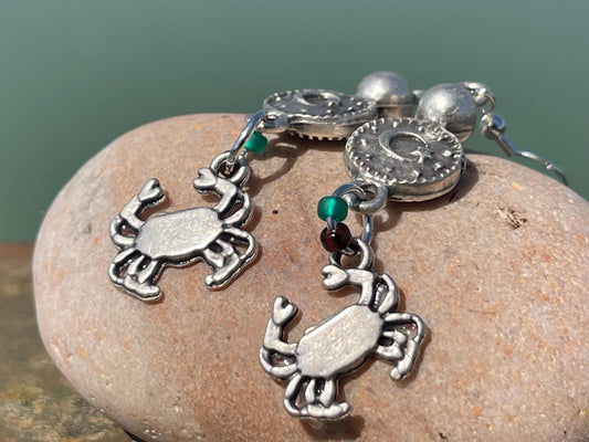 Crab earrings. May birthday. Zodiac crab earrings. Cancer star sign jewellery. Crab and mob earrings. moon jewellery. Seaside jewellery.