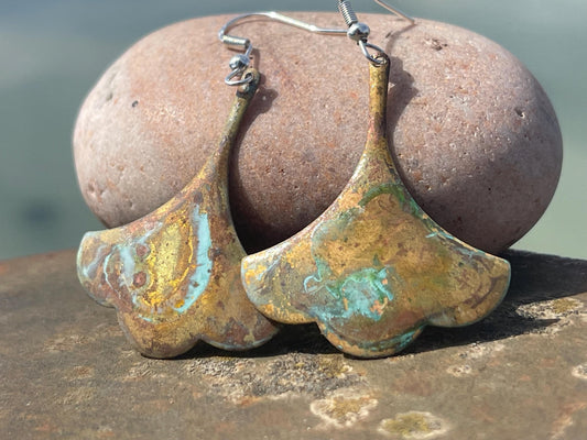 Handmade patina earrings. Rustic earrings, unusual earrings, unusual gift for her, blue earrings, boho earrings, large statement earrings.
