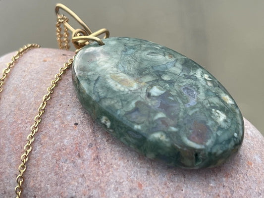 Stunning rhyolite necklace, ethical jewellery, bohemian necklace, unusual jewellery, unique gemstone pendant, green gemstone necklace