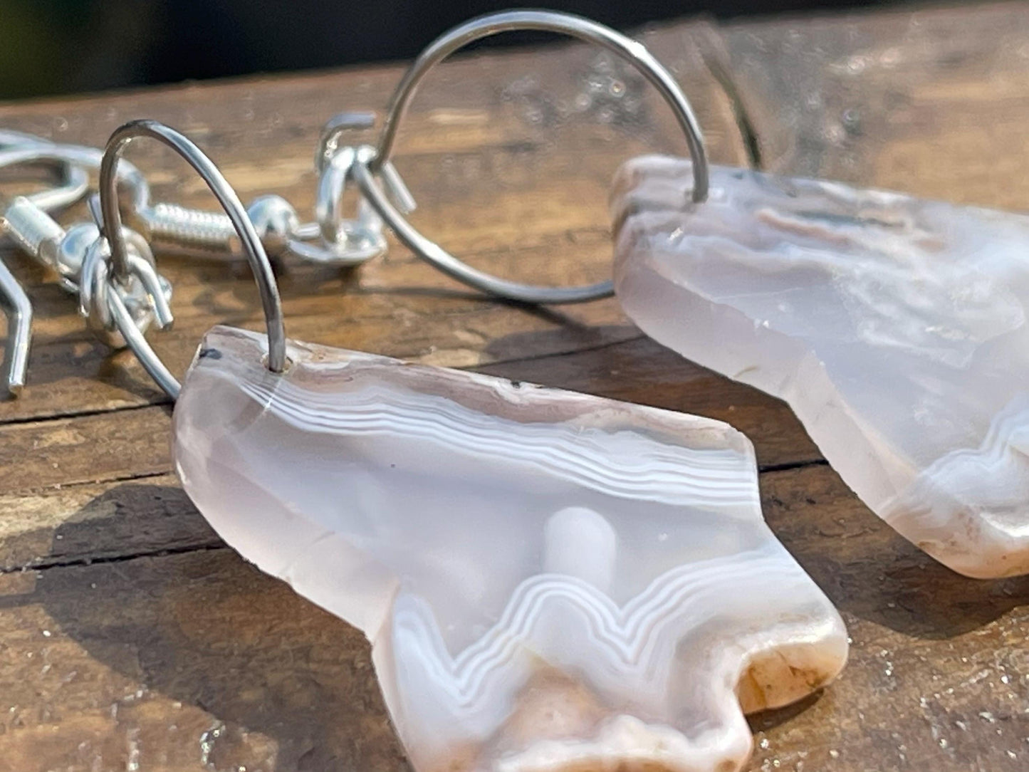 Agate gemstone earrings on recycled sterling silver. Handmade white earrings. Ethical jewellery, boho jewellery. Unique earrings.