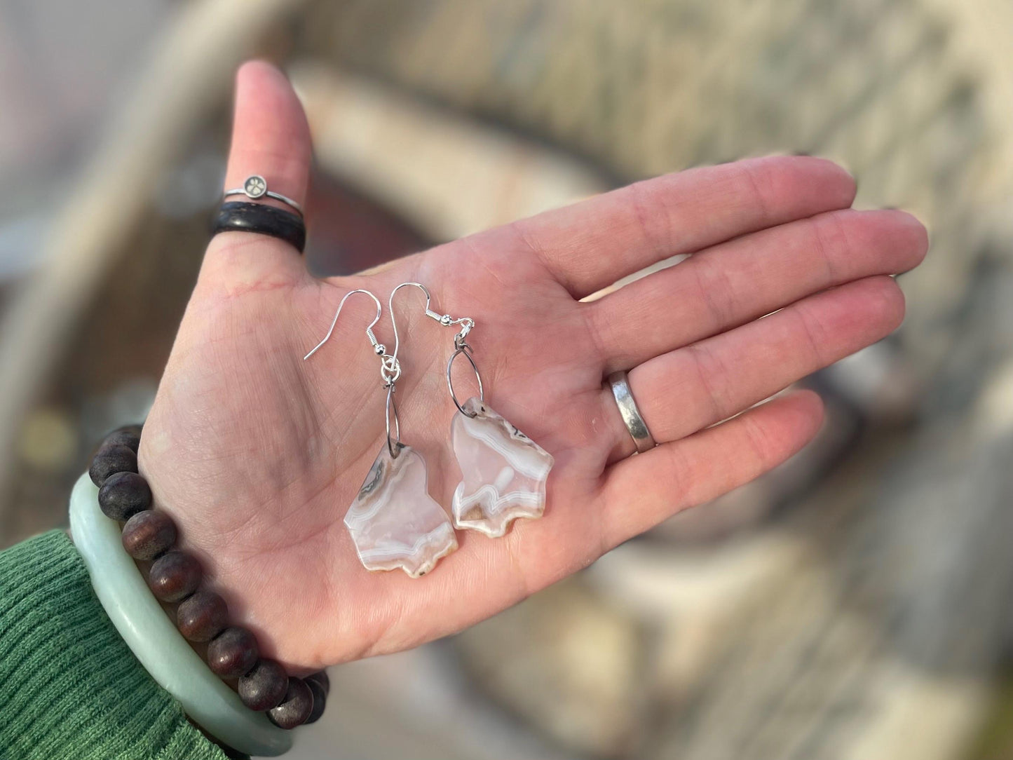 Agate gemstone earrings on recycled sterling silver. Handmade white earrings. Ethical jewellery, boho jewellery. Unique earrings.