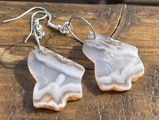 Agate gemstone earrings on recycled sterling silver. Handmade white earrings. Ethical jewellery, boho jewellery. Unique earrings.