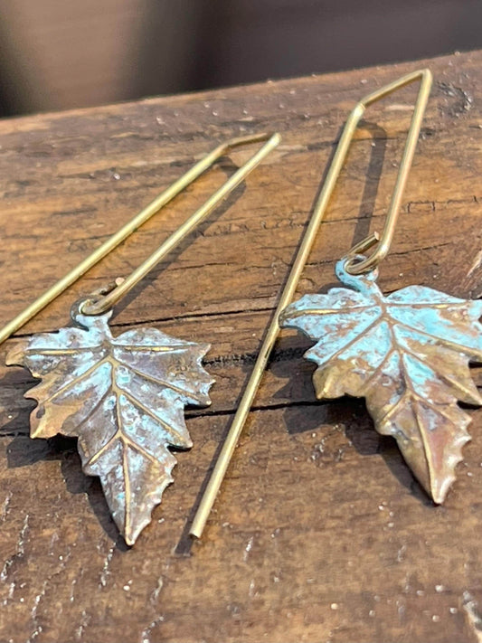 Handmade leaf earrings. Rustic earrings, unusual earrings, unusual gift for her, blue earrings, boho earrings, heart jewellery, hippy gift