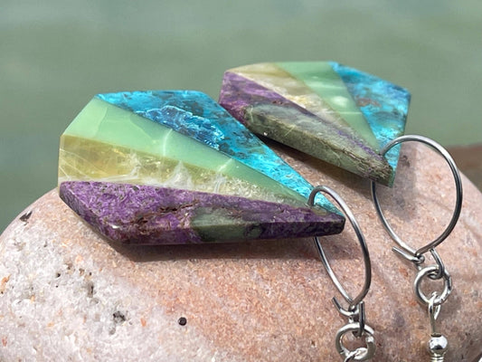 Fused chrysocolla gemstone earrings on sterling silver. Ethical jewellery, serpantine gemstone earrings. Unique jewellery. Unique gifts