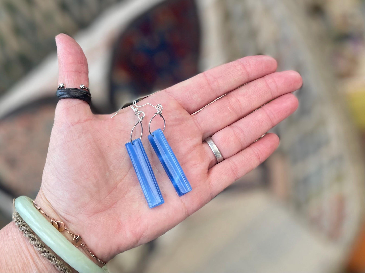 Blue onyx gemstone earrings. Long drop dangly earrings. Blue gemstone earrings. Ethical jewellery, blue jewellery. Handmade onyx jewellery.