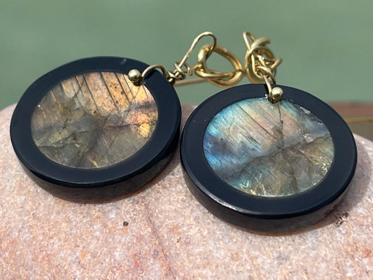 Ethically sourced labradorite and black onyx earrings held on recycled brass. Ethical jewellery, labradorite jewellery. Boho unique earrings