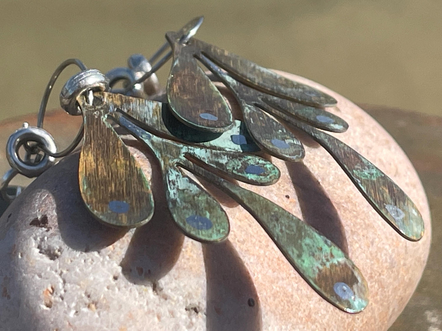 Handmade leaf earrings. Rustic earrings, unusual earrings, unusual gift for her, blue earrings, boho earrings, large statement earrings.