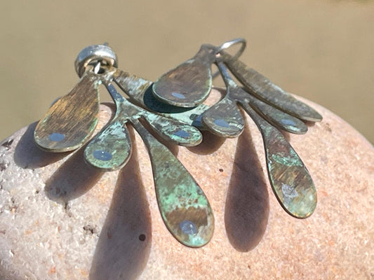 Handmade leaf earrings. Rustic earrings, unusual earrings, unusual gift for her, blue earrings, boho earrings, large statement earrings.