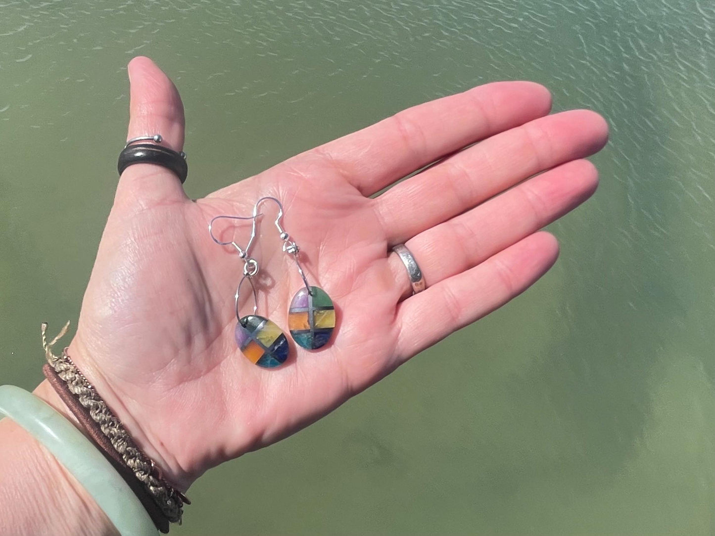Fused gemstone earrings on recycled sterling silver. Ethical jewellery, kite earrings. Stunning unique jewellery. Unusual earrings.