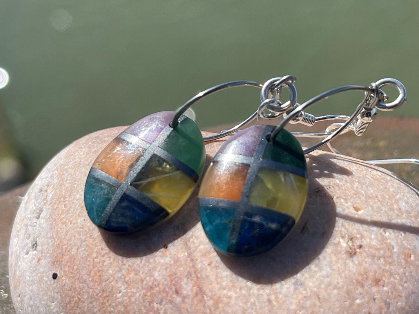 Fused gemstone earrings on recycled sterling silver. Ethical jewellery, kite earrings. Stunning unique jewellery. Unusual earrings.