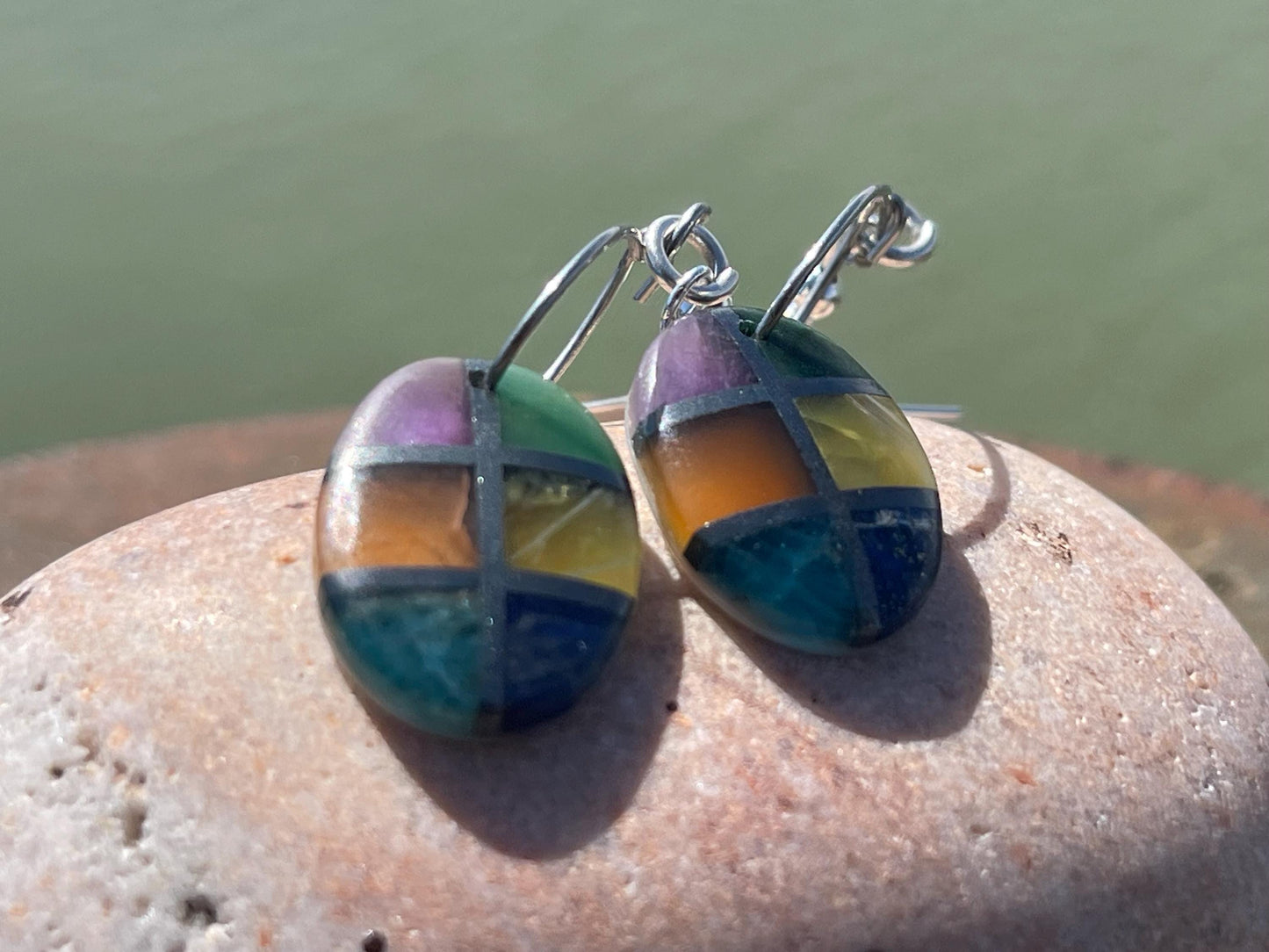 Fused gemstone earrings on recycled sterling silver. Ethical jewellery, kite earrings. Stunning unique jewellery. Unusual earrings.