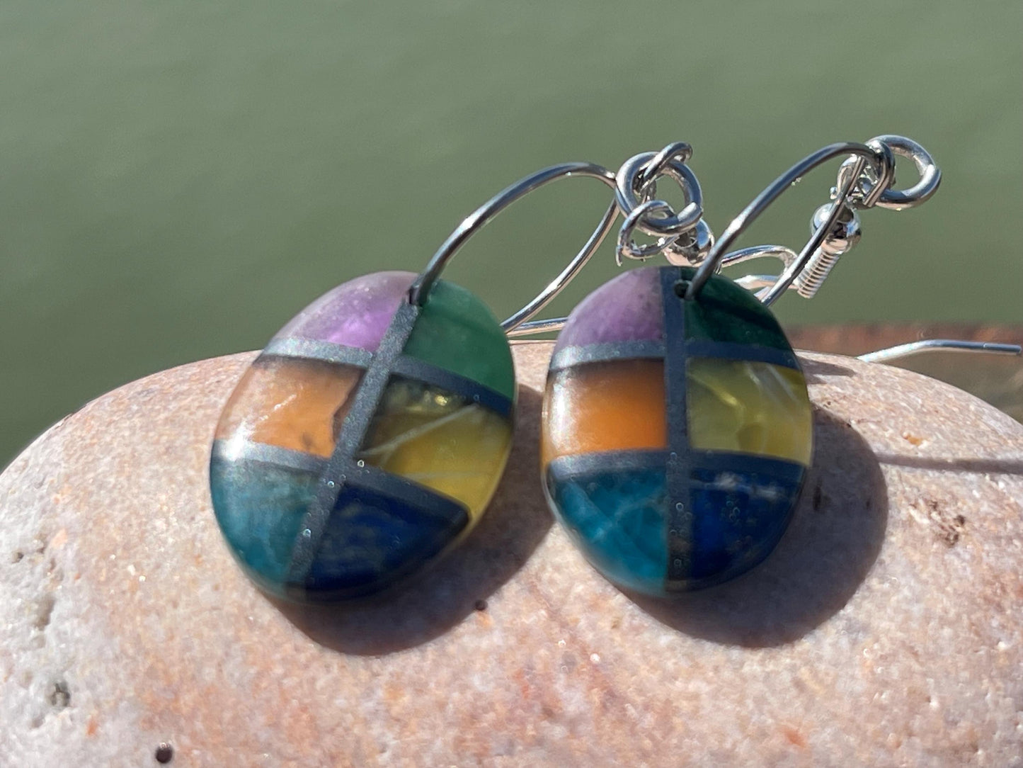 Fused gemstone earrings on recycled sterling silver. Ethical jewellery, kite earrings. Stunning unique jewellery. Unusual earrings.