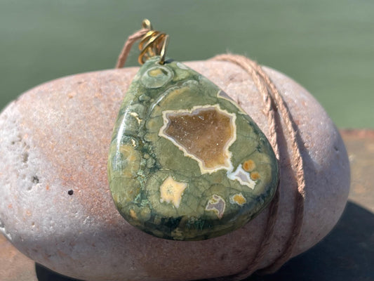 Stunning rhyolite necklace, ethical jewellery, bohemian necklace, unusual jewellery, unique gemstone pendant, green gemstone necklace