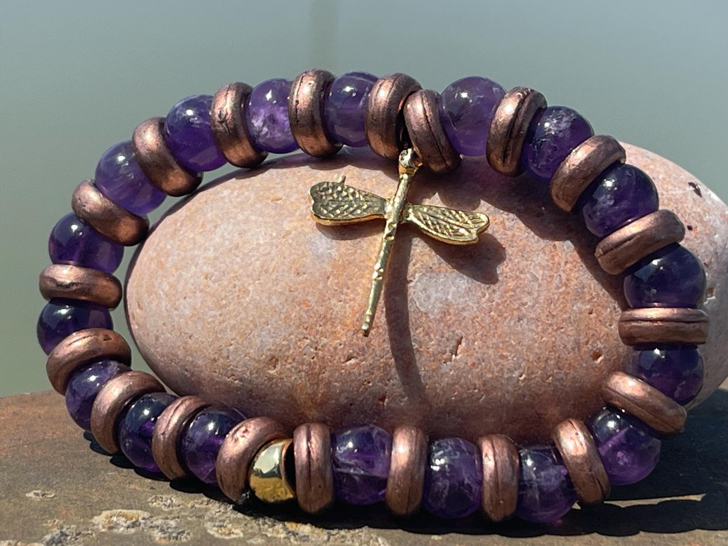 Dragonfly amethyst bracelet, Hippy bracelet, boho gift for her, amethyst jewellery, handmade bracelet, eco friendly bohemian jewellery