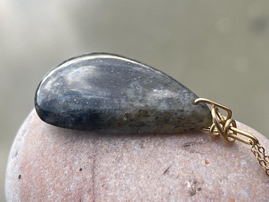 Black sunstone necklace wrapped in recycled brass. Boho necklace, ethical jewellery, handmade necklace, unique gemstone necklaces.
