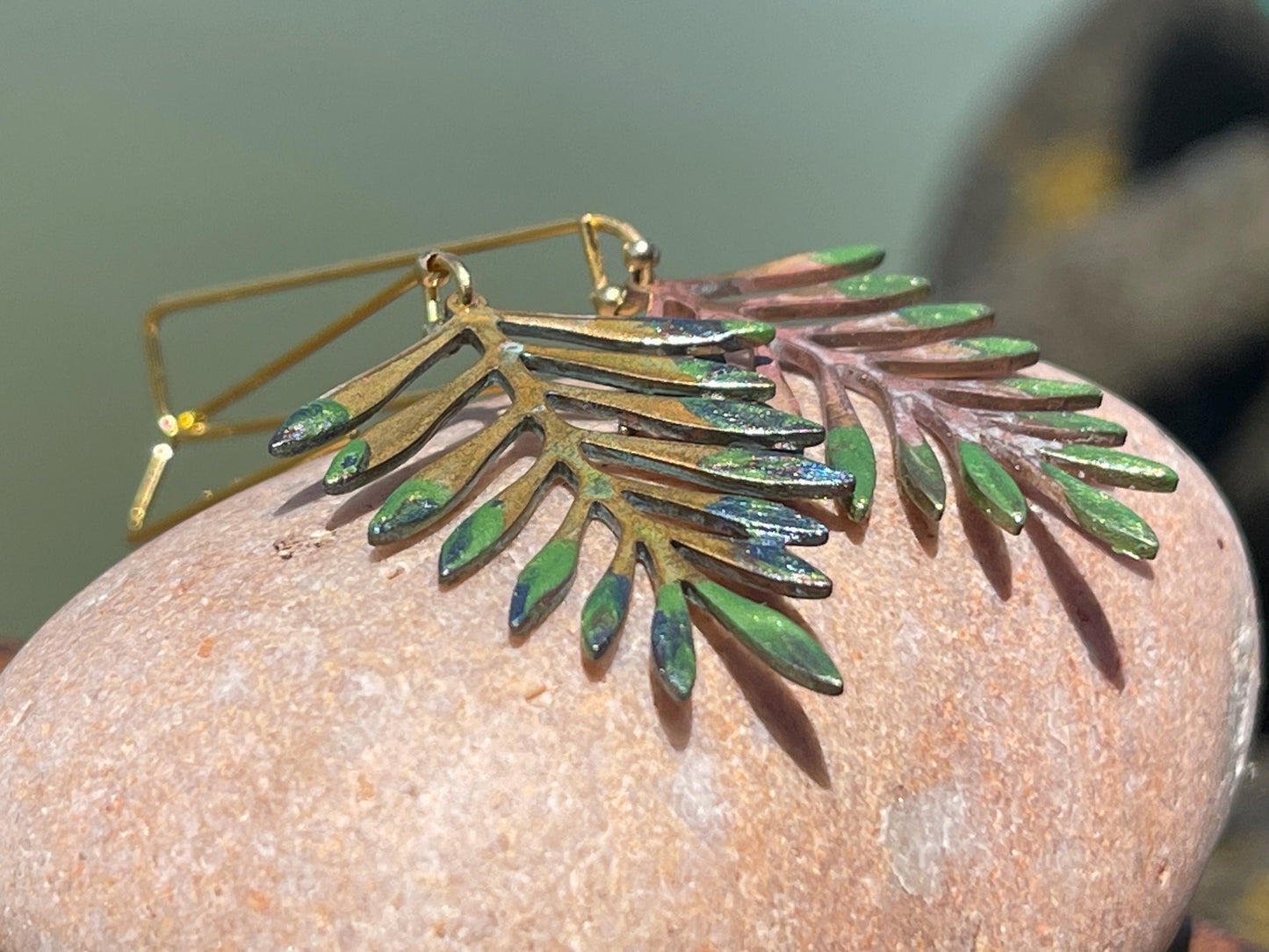 Handmade leaf earrings. Rustic earrings, unusual earrings, unusual gift for her, blue earrings, boho earrings, heart jewellery, hippy gift