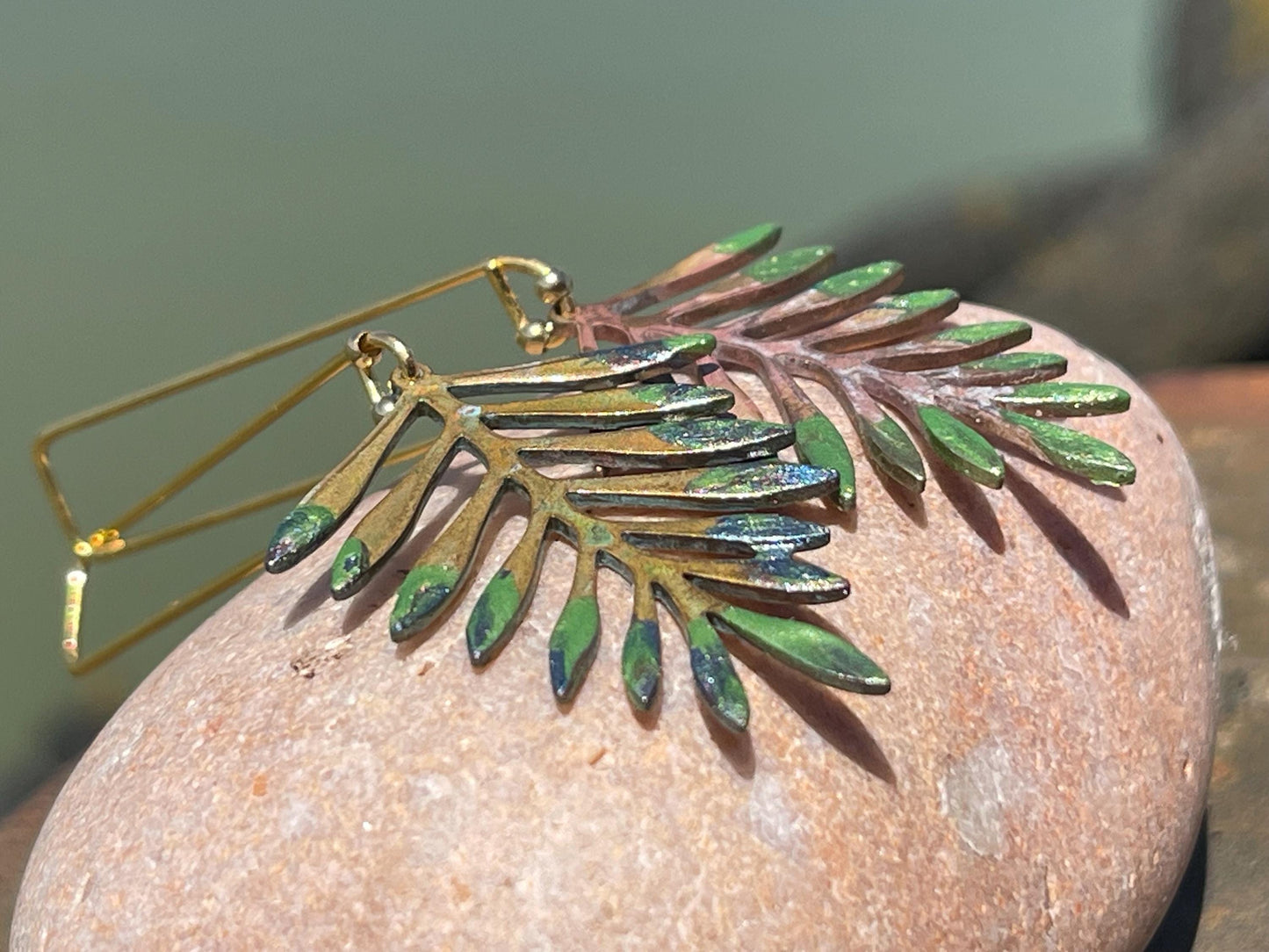 Handmade leaf earrings. Rustic earrings, unusual earrings, unusual gift for her, blue earrings, boho earrings, heart jewellery, hippy gift