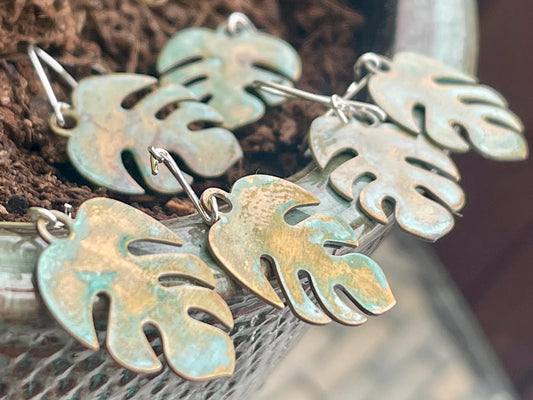 Handmade leaf earrings. Rustic earrings, unusual earrings, unusual gift for her, blue earrings, boho earrings, heart jewellery, hippy gift
