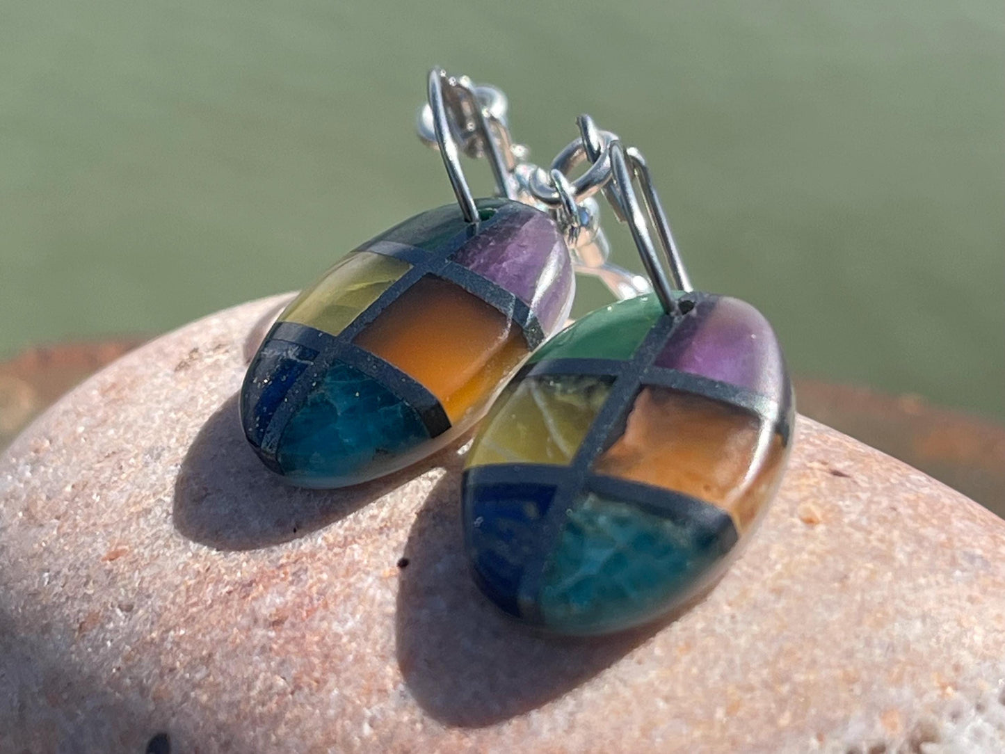 Fused gemstone earrings on recycled sterling silver. Ethical jewellery, kite earrings. Stunning unique jewellery. Unusual earrings.