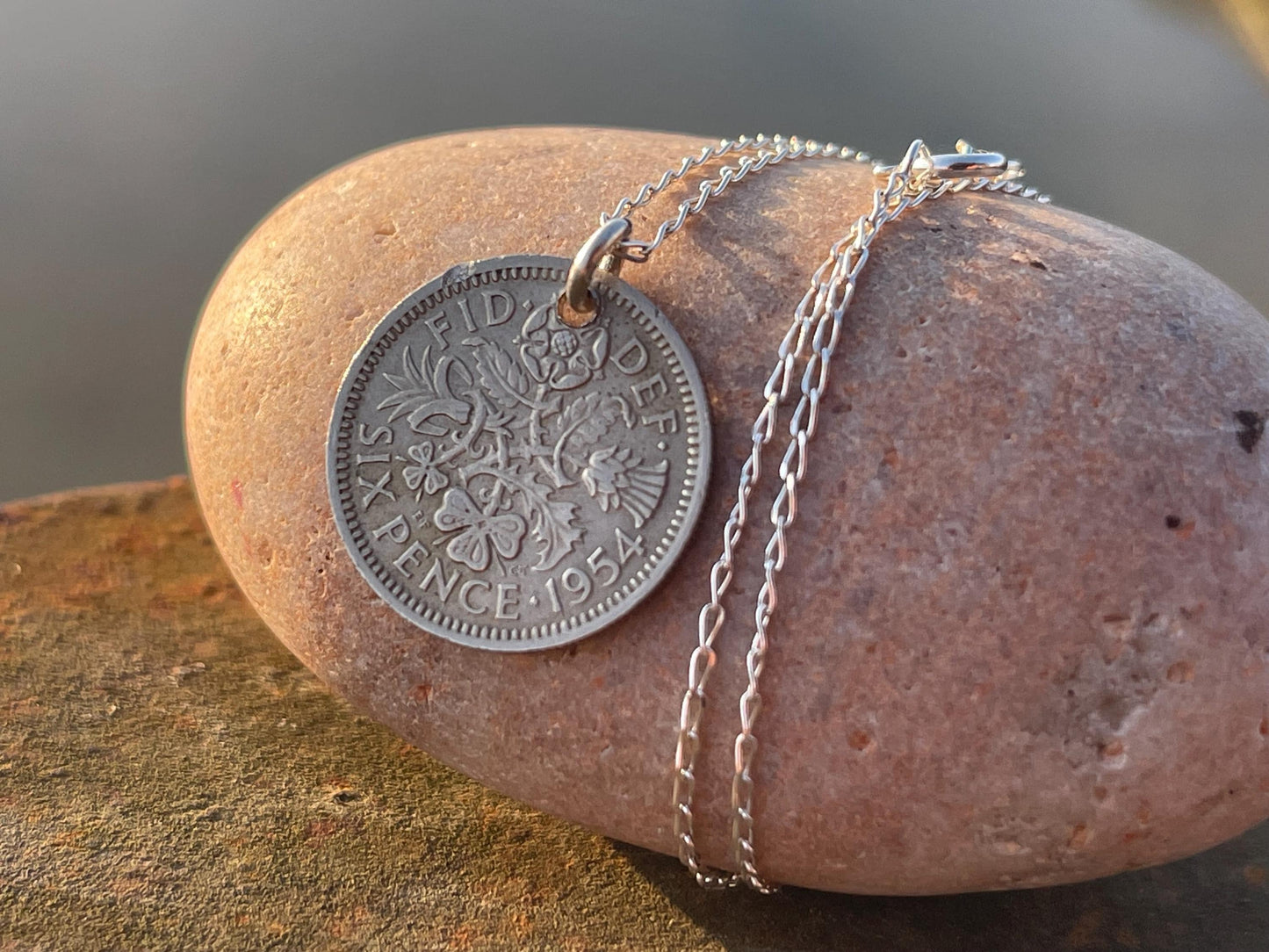 Lucky sixpence necklace on a recycled sterling silver chain. Eco friendly jewellery. Unique silver necklace.