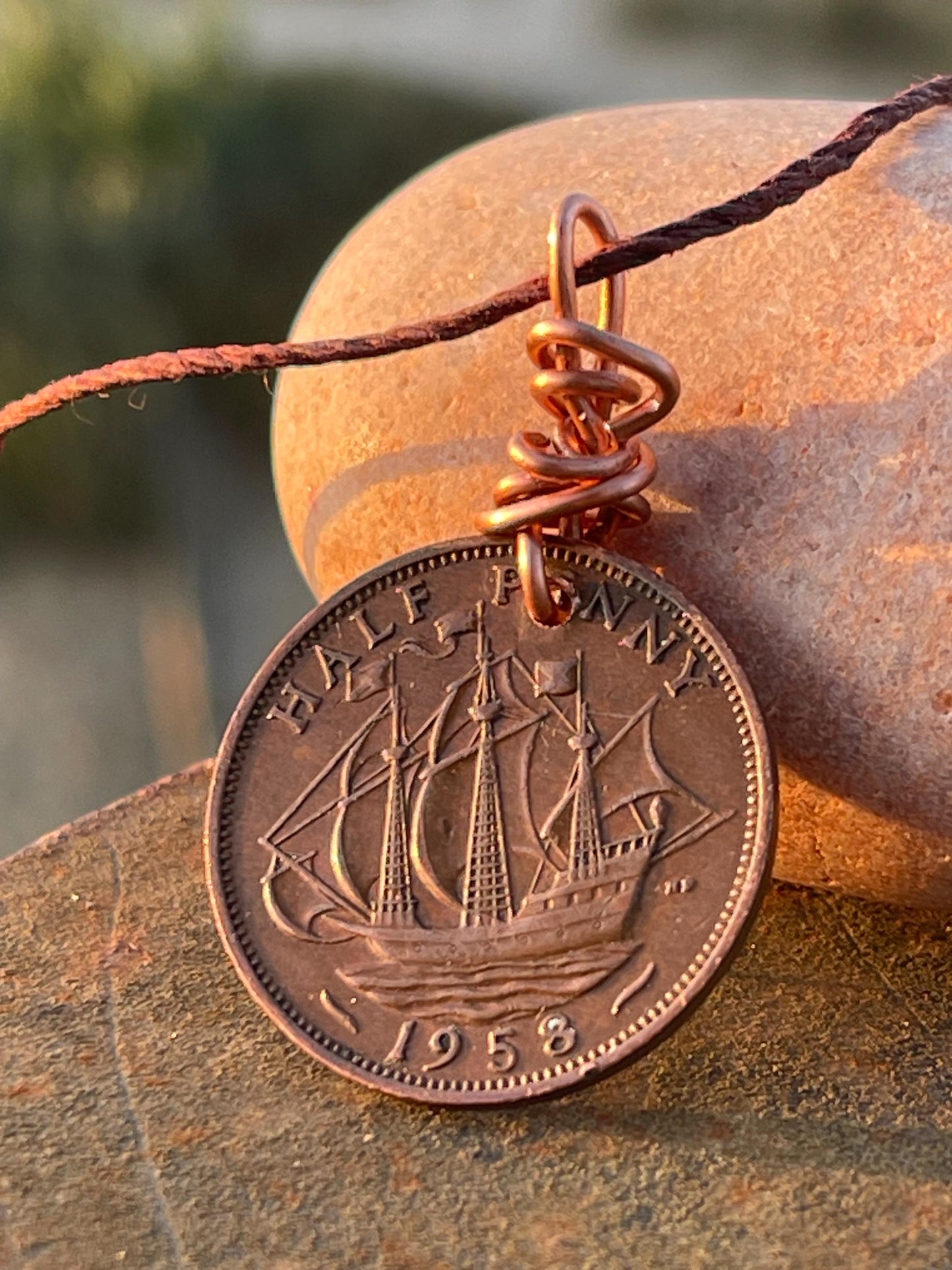 Half penny necklace on a recycled copper and hemp. Eco friendly jewellery. Unique necklace. Halfpenny necklace, halfpenny pendant.
