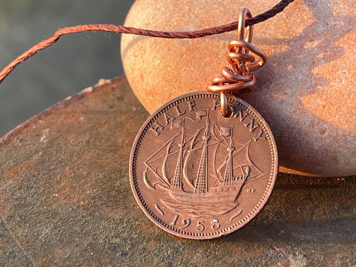 Half penny necklace on a recycled copper and hemp. Eco friendly jewellery. Unique necklace. Halfpenny necklace, halfpenny pendant.