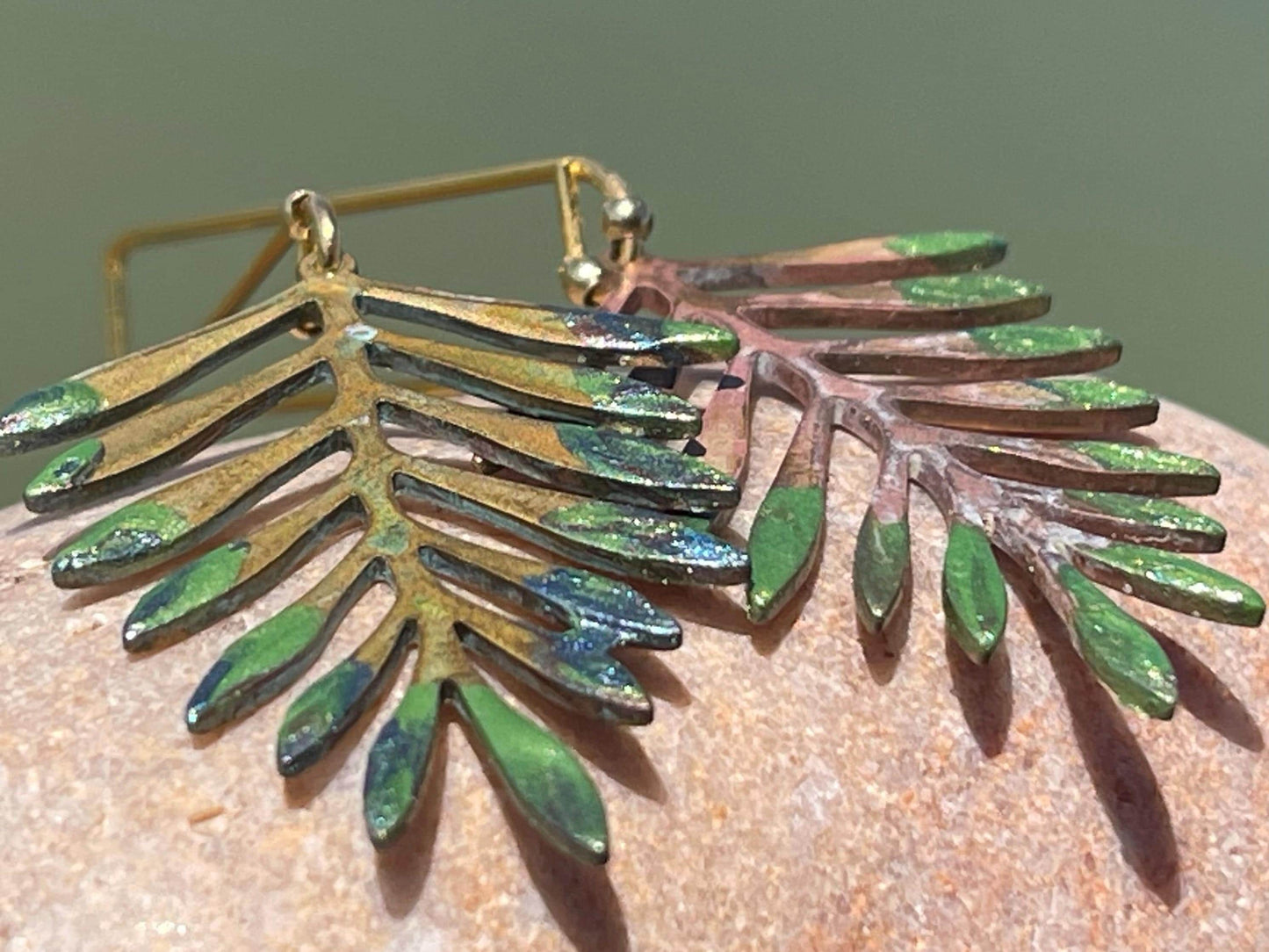 Handmade leaf earrings. Rustic earrings, unusual earrings, unusual gift for her, blue earrings, boho earrings, heart jewellery, hippy gift
