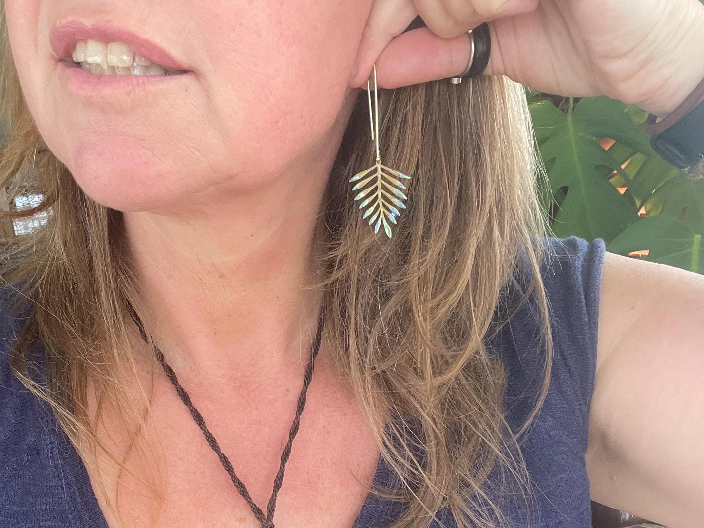 Handmade leaf earrings. Rustic earrings, unusual earrings, unusual gift for her, blue earrings, boho earrings, heart jewellery, hippy gift