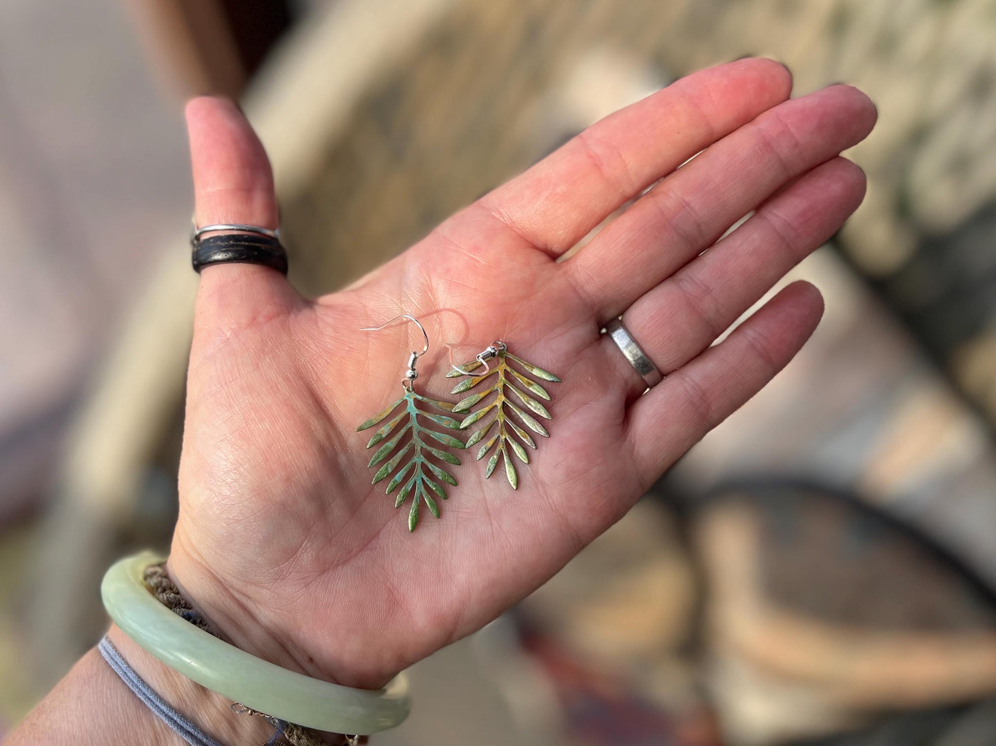 Handmade leaf earrings. Rustic earrings, unusual earrings, unusual gift for her, blue earrings, boho earrings, heart jewellery, hippy gift
