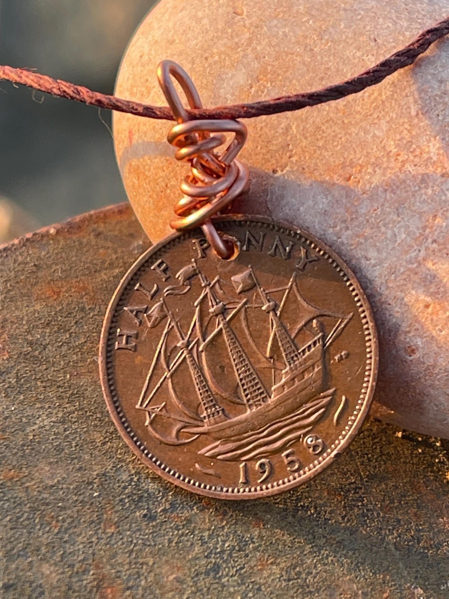 Half penny necklace on a recycled copper and hemp. Eco friendly jewellery. Unique necklace. Halfpenny necklace, halfpenny pendant.