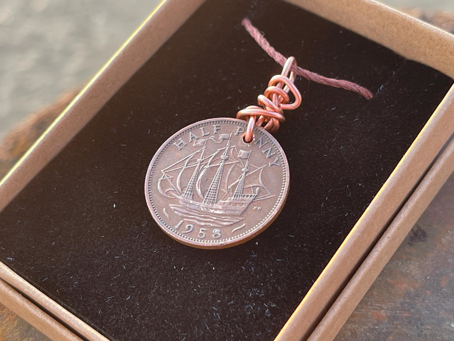 Half penny necklace on a recycled copper and hemp. Eco friendly jewellery. Unique necklace. Halfpenny necklace, halfpenny pendant.
