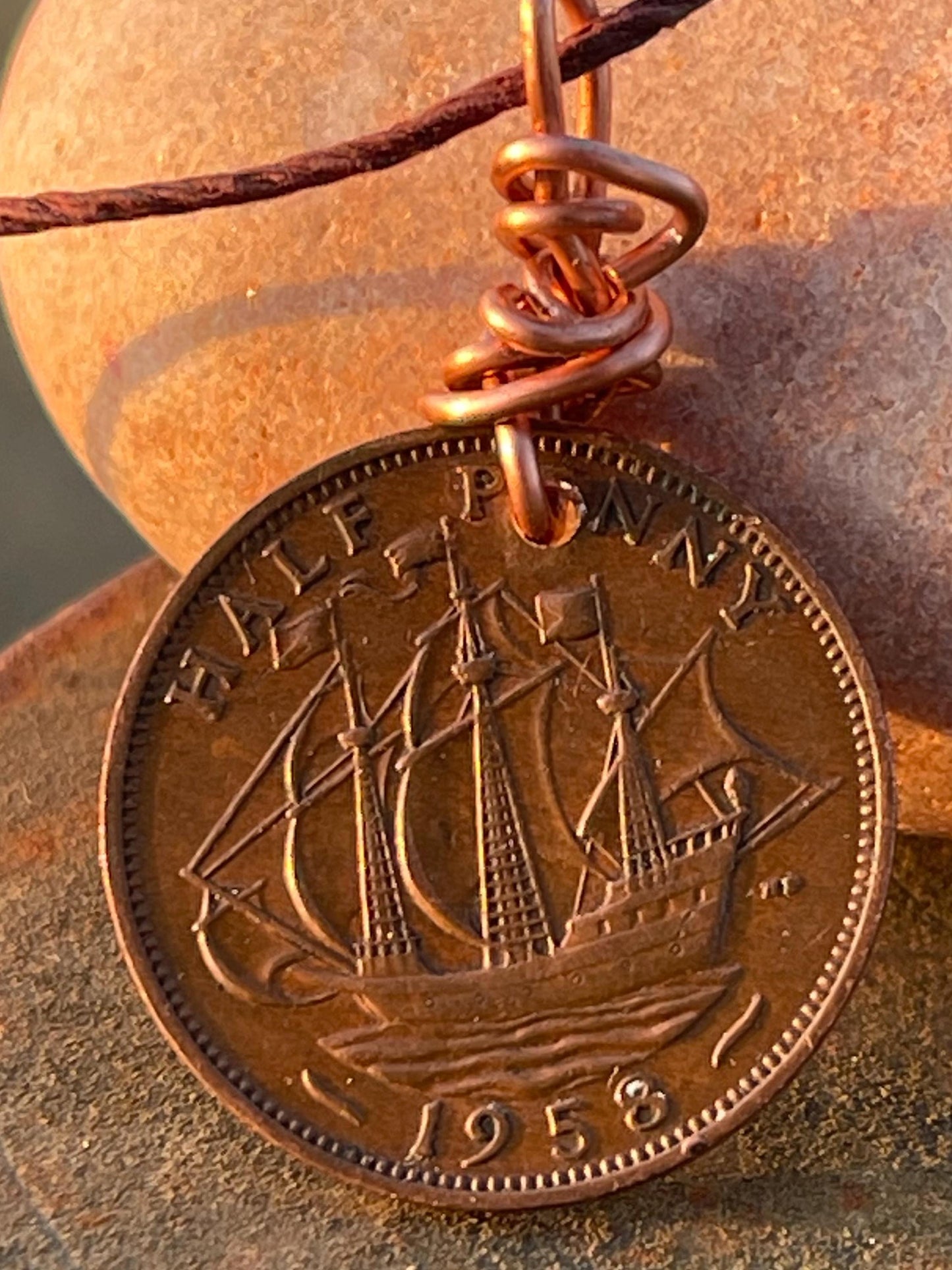 Half penny necklace on a recycled copper and hemp. Eco friendly jewellery. Unique necklace. Halfpenny necklace, halfpenny pendant.